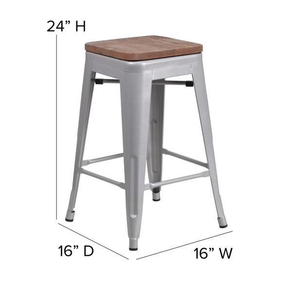 Lily 24" High Backless Silver Metal Counter Height Stool with Square Wood Seat