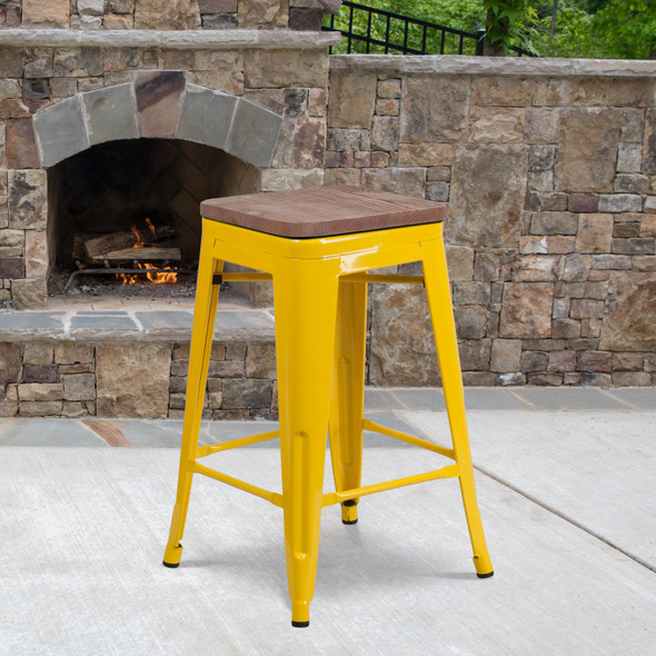 Lily 24" High Backless Yellow Metal Counter Height Stool with Square Wood Seat