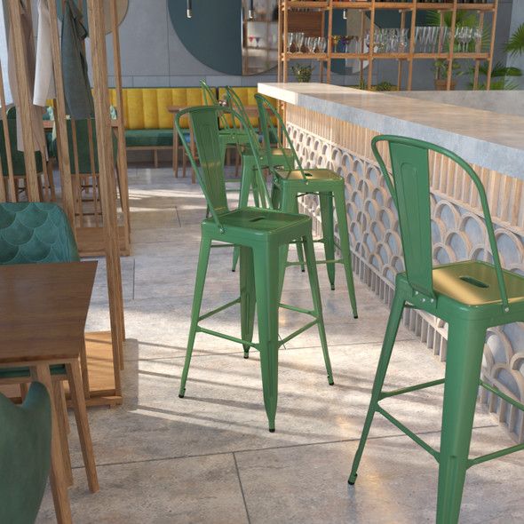 Kai Commercial Grade 30" High Green Metal Indoor-Outdoor Barstool with Removable Back