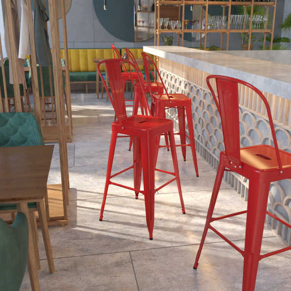 Kai Commercial Grade 30" High Red Metal Indoor-Outdoor Barstool with Removable Back