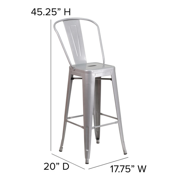 Kai Commercial Grade 30" High Silver Metal Indoor-Outdoor Barstool with Removable Back