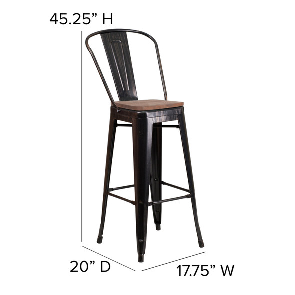 Lily 30" High Black-Antique Gold Metal Barstool with Back and Wood Seat