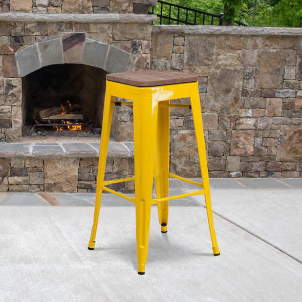 Lily 30" High Backless Yellow Metal Barstool with Square Wood Seat