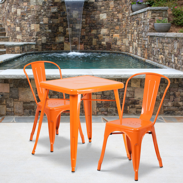 Owen Commercial Grade 23.75" Square Orange Metal Indoor-Outdoor Table Set with 2 Stack Chairs