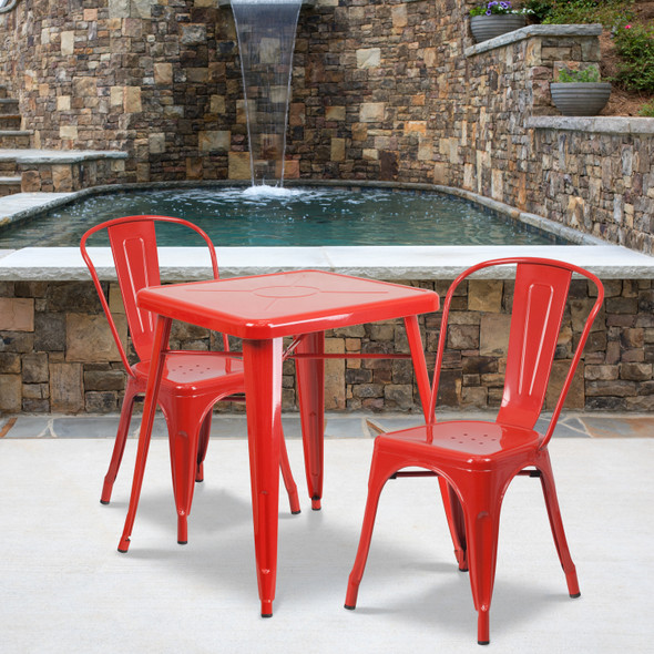 Owen Commercial Grade 23.75" Square Red Metal Indoor-Outdoor Table Set with 2 Stack Chairs