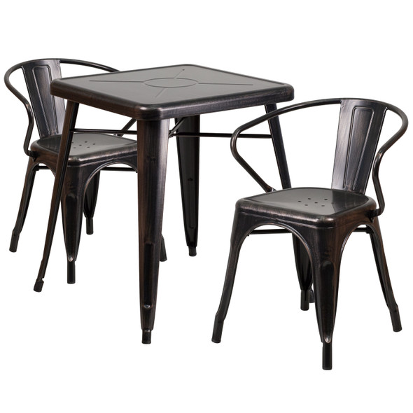 Owen Commercial Grade 23.75" Square Black-Antique Gold Metal Indoor-Outdoor Table Set with 2 Arm Chairs