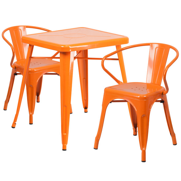 Owen Commercial Grade 23.75" Square Orange Metal Indoor-Outdoor Table Set with 2 Arm Chairs