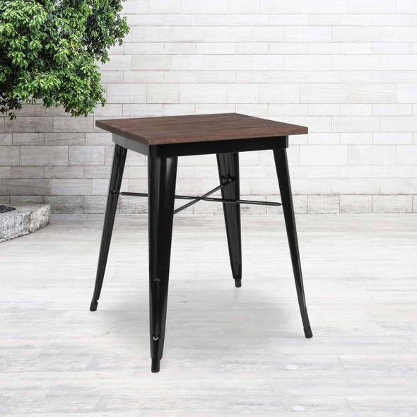 Prince 23.5" Square Black Metal Indoor Table with Walnut Rustic Wood Top