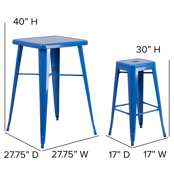 Stone Commercial Grade 23.75" Square Blue Metal Indoor-Outdoor Bar Table Set with 2 Square Seat Backless Stools