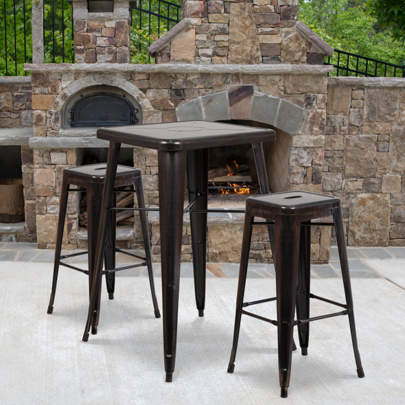 Stone Commercial Grade 23.75" Square Black-Antique Gold Metal Indoor-Outdoor Bar Table Set with 2 Square Seat Backless Stools