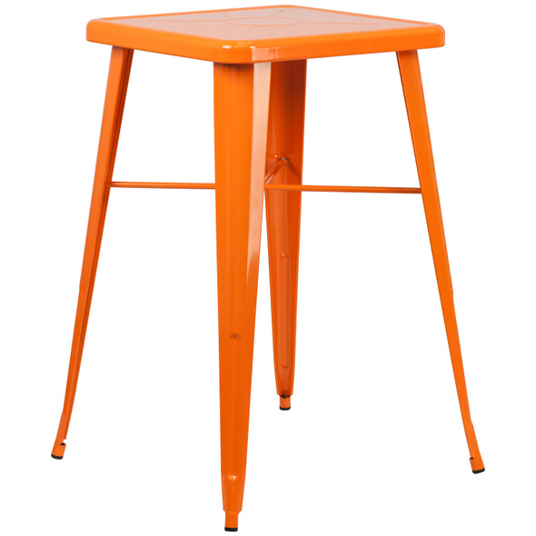 Stone Commercial Grade 23.75" Square Orange Metal Indoor-Outdoor Bar Table Set with 2 Square Seat Backless Stools