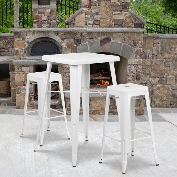 Stone Commercial Grade 23.75" Square White Metal Indoor-Outdoor Bar Table Set with 2 Square Seat Backless Stools
