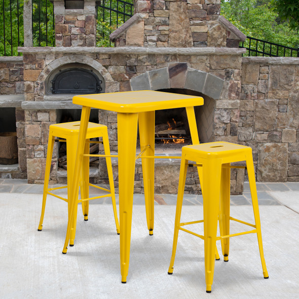 Stone Commercial Grade 23.75" Square Yellow Metal Indoor-Outdoor Bar Table Set with 2 Square Seat Backless Stools