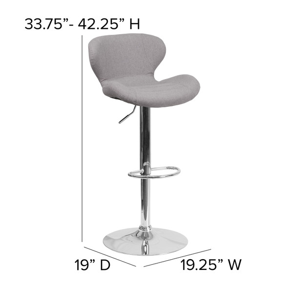 Francis Contemporary Gray Fabric Adjustable Height Barstool with Curved Back and Chrome Base