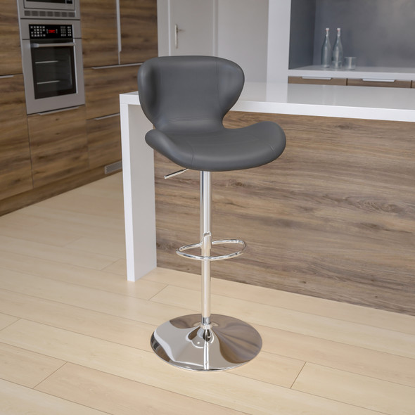 Francis Contemporary Gray Vinyl Adjustable Height Barstool with Curved Back and Chrome Base