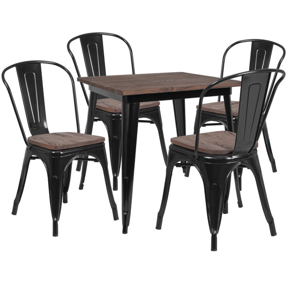 Bailey 31.5" Square Black Metal Table Set with Wood Top and 4 Stack Chairs
