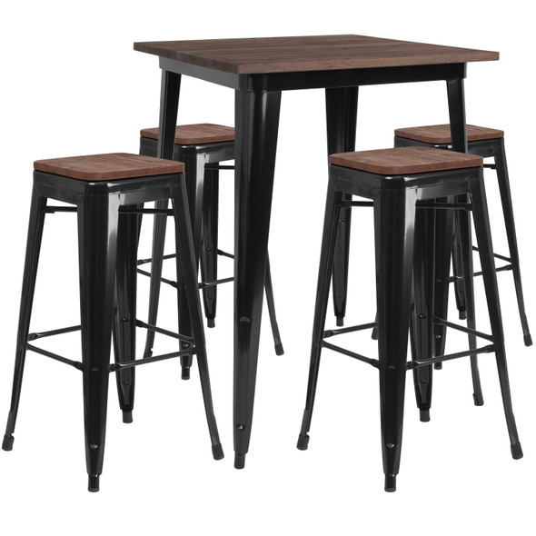 Bailey 31.5" Square Black Metal Bar Table Set with Wood Top and 4 Backless Stools