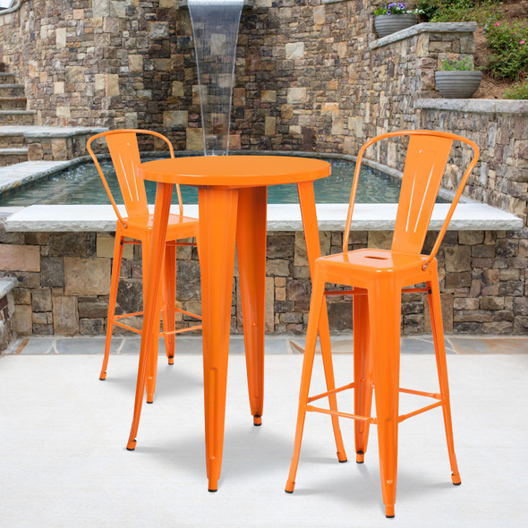 Nichols Commercial Grade 24" Round Orange Metal Indoor-Outdoor Bar Table Set with 2 Cafe Stools