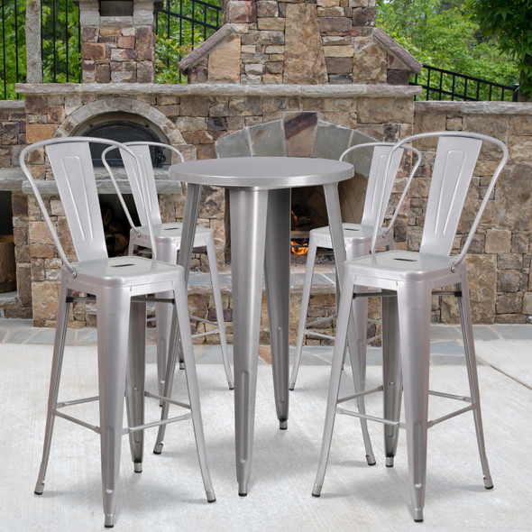 Dexter Commercial Grade 24" Round Silver Metal Indoor-Outdoor Bar Table Set with 4 Cafe Stools