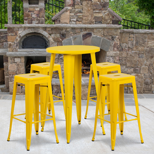 Ormsby Commercial Grade 24" Round Yellow Metal Indoor-Outdoor Bar Table Set with 4 Square Seat Backless Stools