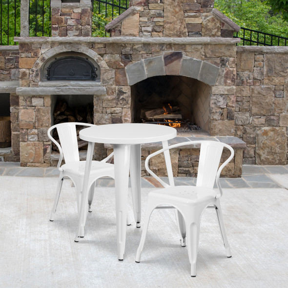 Napoleon Commercial Grade 24" Round White Metal Indoor-Outdoor Table Set with 2 Arm Chairs