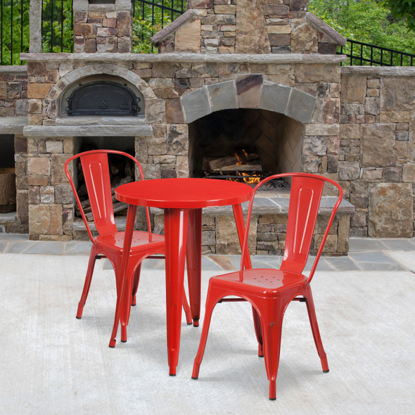 Napoleon Commercial Grade 24" Round Red Metal Indoor-Outdoor Table Set with 2 Cafe Chairs