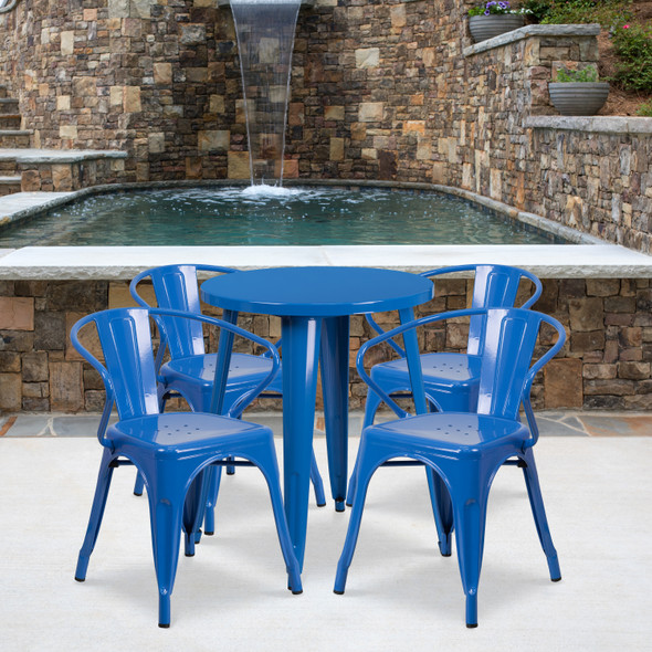 Chauncey Commercial Grade 24" Round Blue Metal Indoor-Outdoor Table Set with 4 Arm Chairs