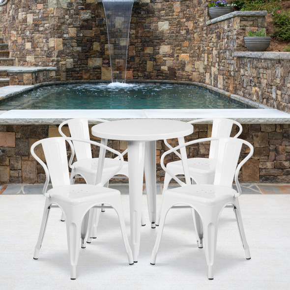 Chauncey Commercial Grade 24" Round White Metal Indoor-Outdoor Table Set with 4 Arm Chairs