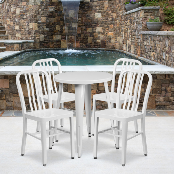 Thomas Commercial Grade 24" Round White Metal Indoor-Outdoor Table Set with 4 Vertical Slat Back Chairs