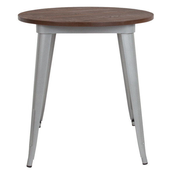 Jeffrey 30" Round Silver Metal Indoor Table with Walnut Rustic Wood Top