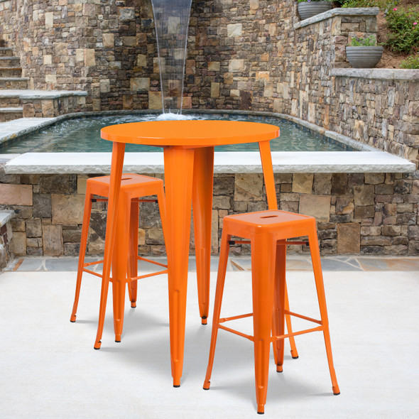 Boyd Commercial Grade 30" Round Orange Metal Indoor-Outdoor Bar Table Set with 2 Square Seat Backless Stools