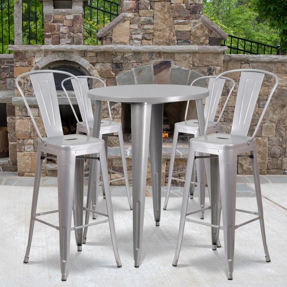 Callum Commercial Grade 30" Round Silver Metal Indoor-Outdoor Bar Table Set with 4 Cafe Stools