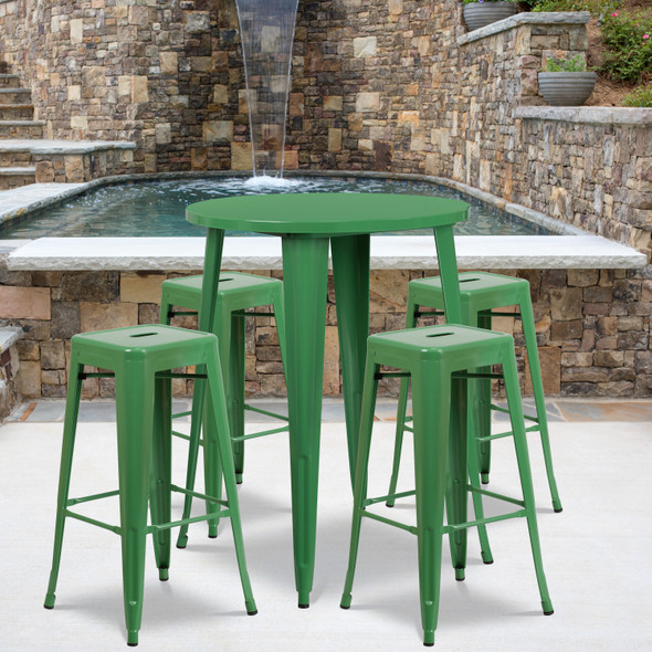 Coby Commercial Grade 30" Round Green Metal Indoor-Outdoor Bar Table Set with 4 Square Seat Backless Stools