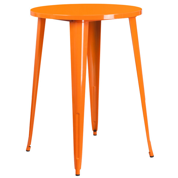 Coby Commercial Grade 30" Round Orange Metal Indoor-Outdoor Bar Table Set with 4 Square Seat Backless Stools