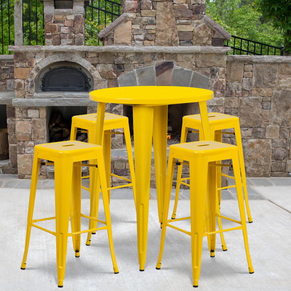 Coby Commercial Grade 30" Round Yellow Metal Indoor-Outdoor Bar Table Set with 4 Square Seat Backless Stools