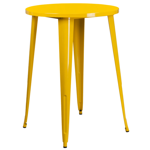 Tristan Commercial Grade 30" Round Yellow Metal Indoor-Outdoor Bar Table Set with 4 Vertical Slat Back Stools