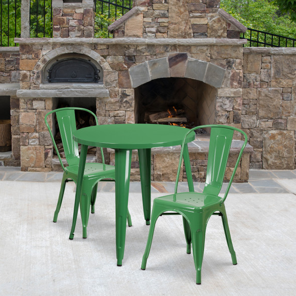 Baker Commercial Grade 30" Round Green Metal Indoor-Outdoor Table Set with 2 Cafe Chairs