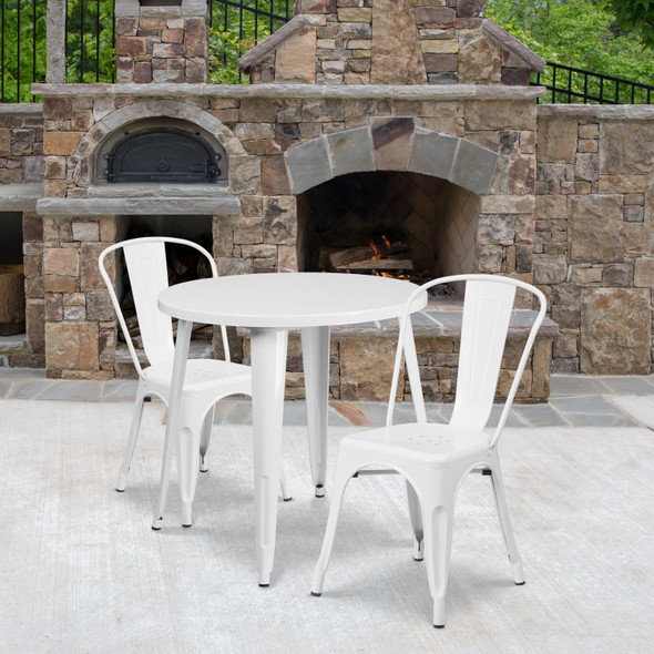 Baker Commercial Grade 30" Round White Metal Indoor-Outdoor Table Set with 2 Cafe Chairs