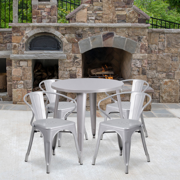 Cory Commercial Grade 30" Round Silver Metal Indoor-Outdoor Table Set with 4 Arm Chairs