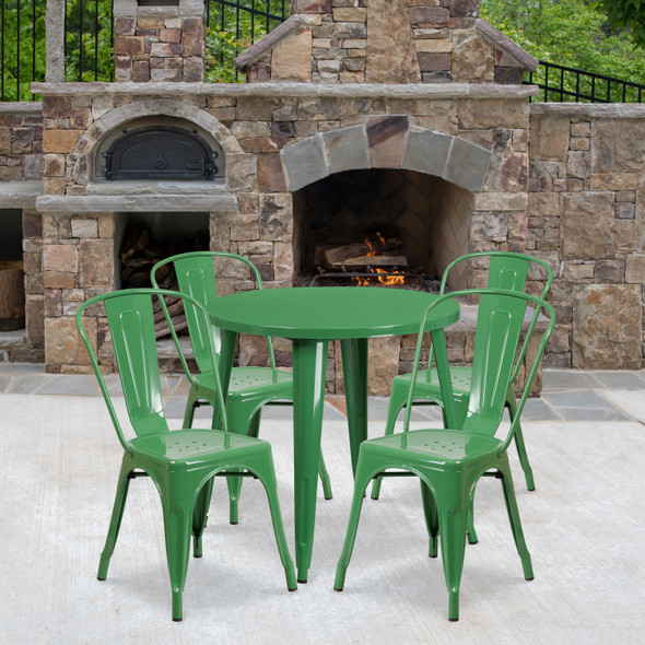 Dalton Commercial Grade 30" Round Green Metal Indoor-Outdoor Table Set with 4 Cafe Chairs