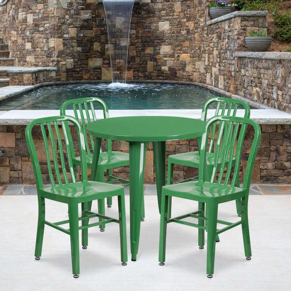 Chad Commercial Grade 30" Round Green Metal Indoor-Outdoor Table Set with 4 Vertical Slat Back Chairs
