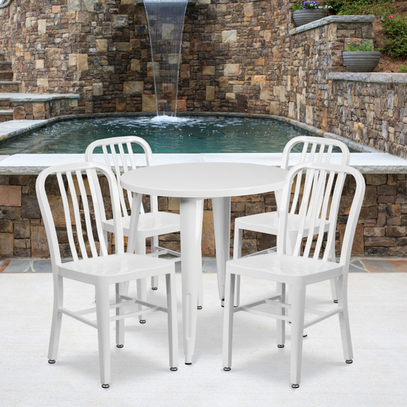 Chad Commercial Grade 30" Round White Metal Indoor-Outdoor Table Set with 4 Vertical Slat Back Chairs