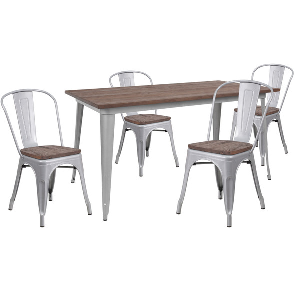 Bailey 30.25" x 60" Silver Metal Table Set with Wood Top and 4 Stack Chairs