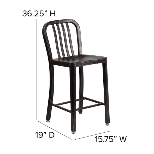 Gael Commercial Grade 24" High Black-Antique Gold Metal Indoor-Outdoor Counter Height Stool with Vertical Slat Back