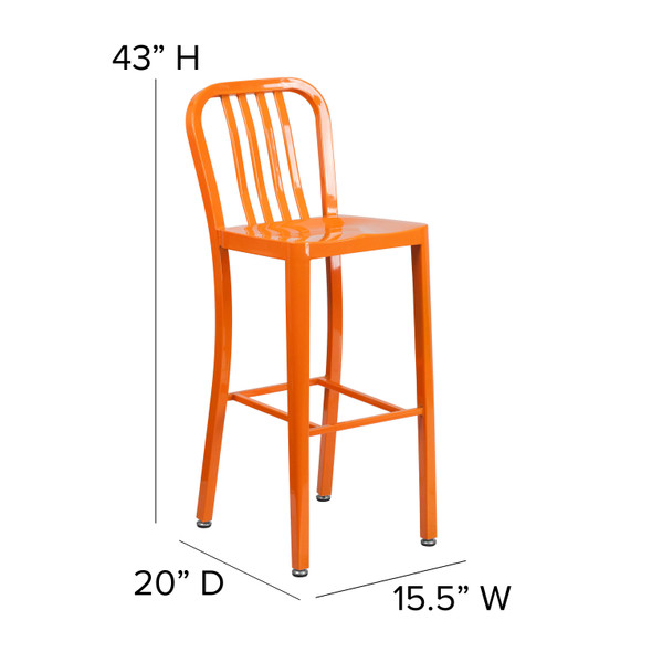 Gael Commercial Grade 30" High Orange Metal Indoor-Outdoor Barstool with Vertical Slat Back