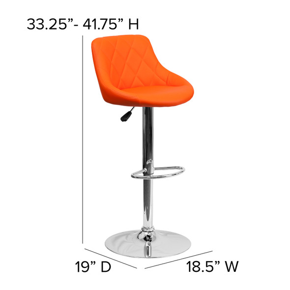 Dale Contemporary Orange Vinyl Bucket Seat Adjustable Height Barstool with Diamond Pattern Back and Chrome Base