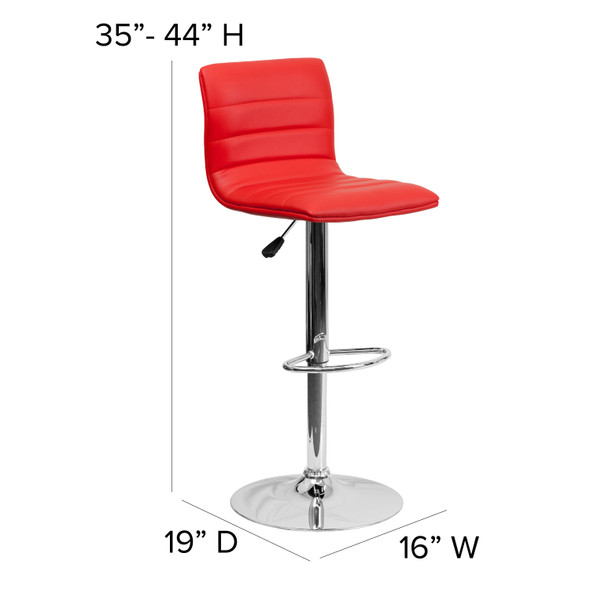 Betsy Modern Red Vinyl Adjustable Bar Stool with Back, Counter Height Swivel Stool with Chrome Pedestal Base