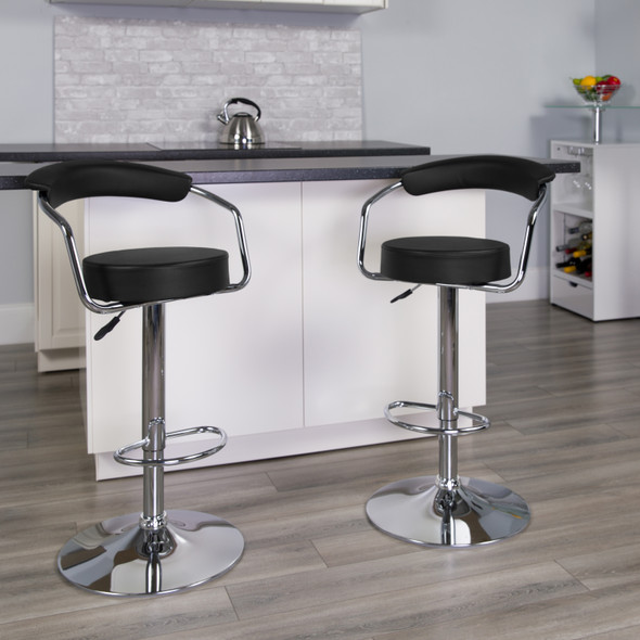 Cruz Contemporary Black Vinyl Adjustable Height Barstool with Arms and Chrome Base