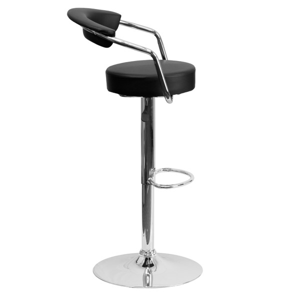 Cruz Contemporary Black Vinyl Adjustable Height Barstool with Arms and Chrome Base