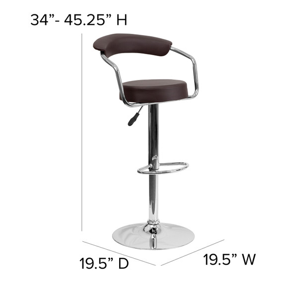 Cruz Contemporary Brown Vinyl Adjustable Height Barstool with Arms and Chrome Base